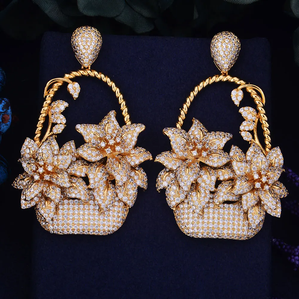 GODKI 65 мм Роскошные Популярные цветочные корзины полный Mirco проложили кубического циркония Naija свадебные серьги Модные ювелирные изделия