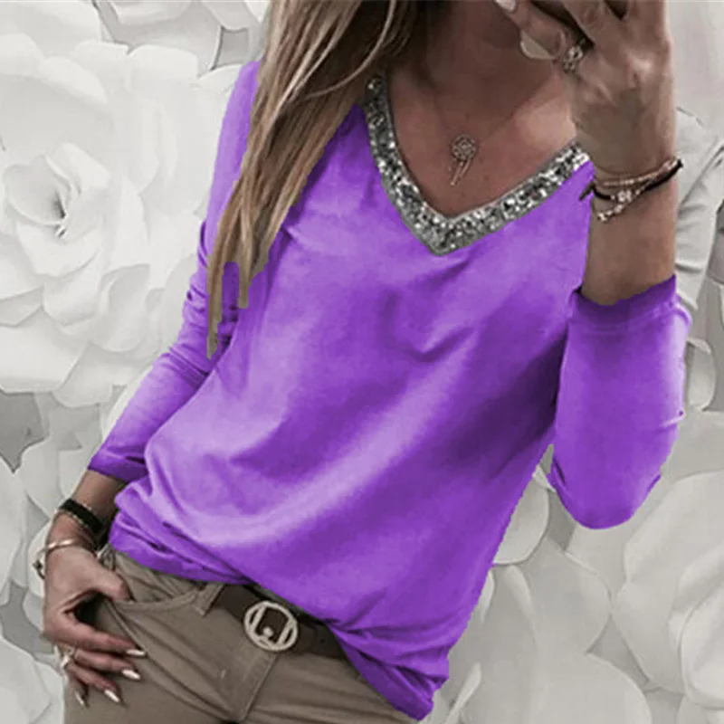 

Fanbety 2019 Sexy Sequined V-neck Blouse Shirt Women Summer Casual Long Sleeve Blouse Elegant Solid Blouse Tops Plus size S-5XL