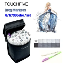 TouchFive 30 цветов все градации серого, набор двухсторонних эскизных маркеров на спиртовой основе, 6/12 нейтральные серые тона, теплые серые, серо-зеленые, серо-голубые цвета маркеров