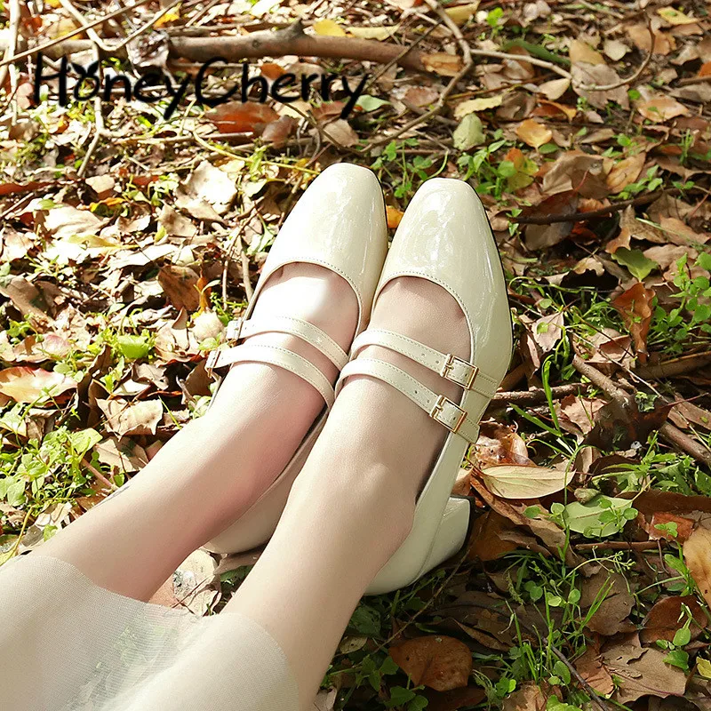

New Double Buckle Women's Shoes With Thick Heel, Square Head And Shallow Mouth Lolita Shoes Princess Japanese Leather Shoes