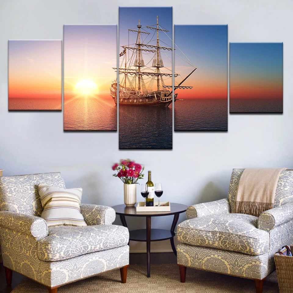 

5pcs HD Printing Canvas Painting Sunrise Sea Wood Boat Art Group Home Decor Wall Poster Modular Picture