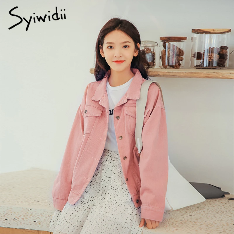 

Women denim jacket 2019 Cotton pink jean jacket long sleeve sweet girl coat with pocket Single breasted ladies jacket outfit