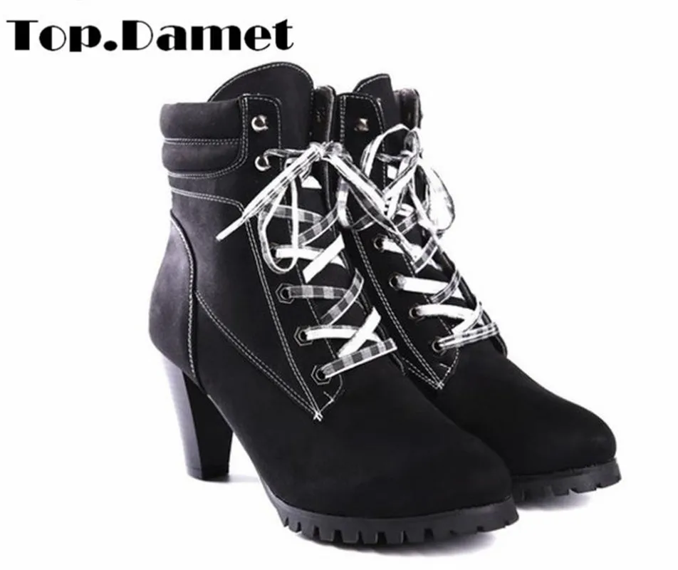 

Top.Damet Women Spring Autumn Winter Chunky Heel Round Toe Lace Up Ankle Short PU Shoes Fashion Platform Boots Woman Plus Size