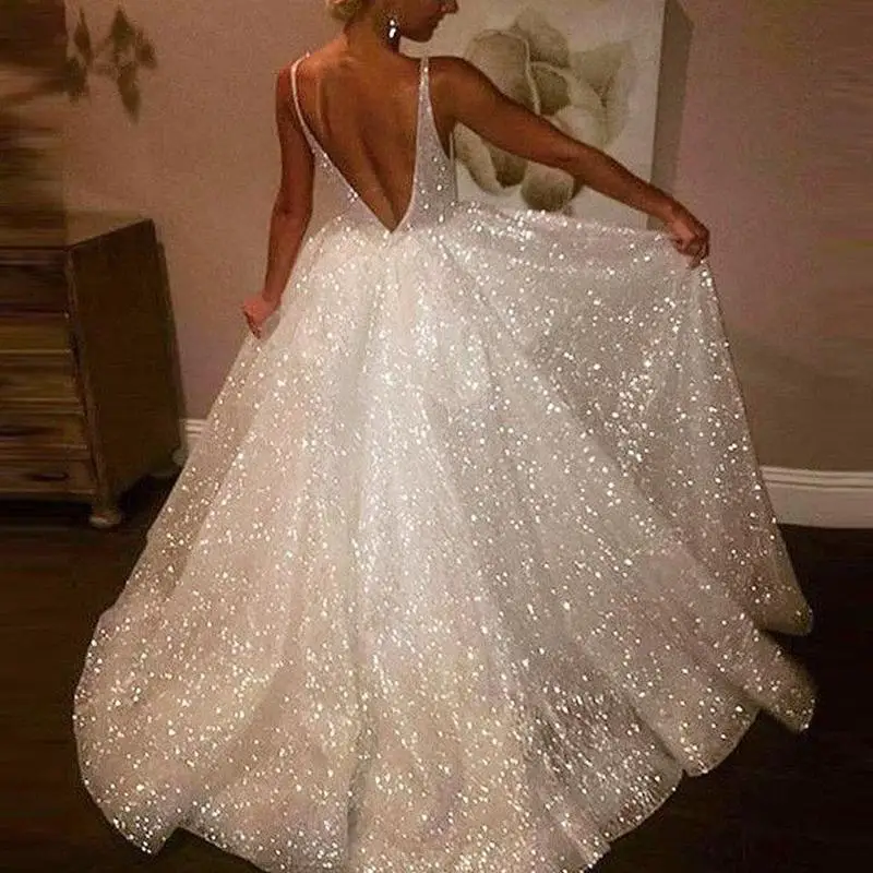 

Sexy Backless Deep V Women Dress White Sequins Dresses Backless Women Ladies Dance Gown Evening Party Vestido De Festa Dress