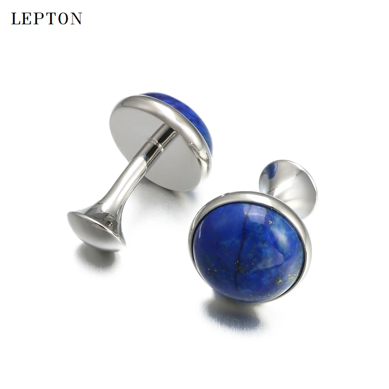 Low-key Luxury Lapis Lazuli Cufflinks for Mens Gold Color Lepton High Quality Round Lazurite Stone Cuff links Relojes gemelos