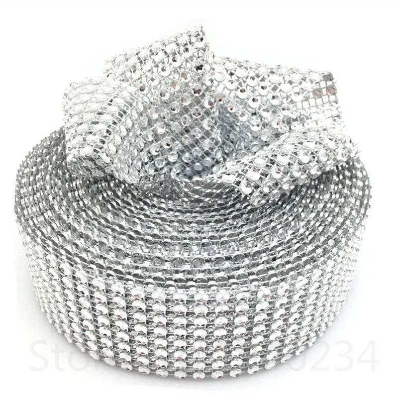 

5 Yards of 8 Rows Silver Gold Diamond Sparkling Rhinestone Mesh Ribbon for Event Decorations, Wedding Cake,Crafts 5BB5525