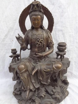 

USPS to USA S1653 16" Chinese Pure Bronze Buddhism Lotus Kwan-Yin Goddess GuanYin Pot Statue Set