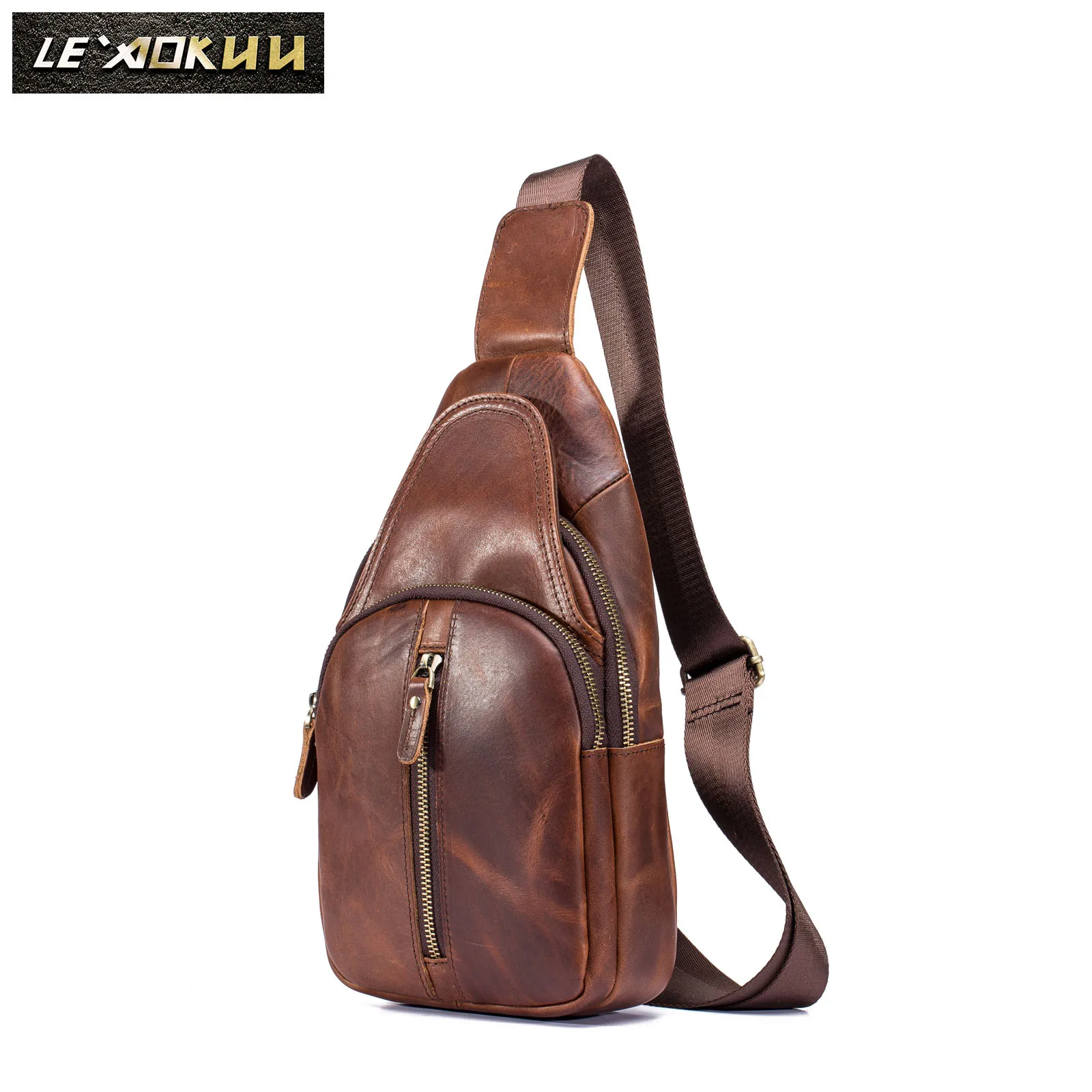

Men Leather Casual Fashion 8" Tablet Crossbody Triangle Chest Sling Design Travel One Shoulder Bag Backpack Daypack Male 153db