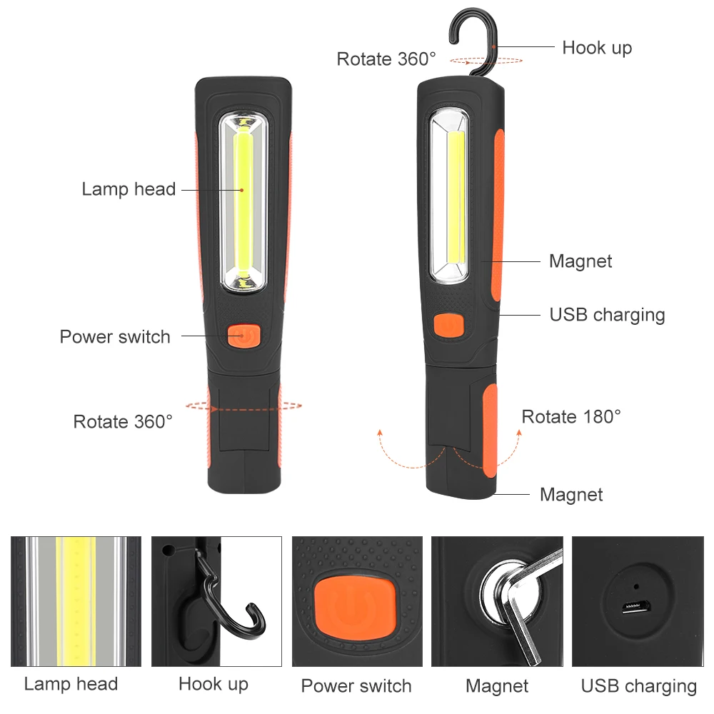 Portable Work Light Portable Flashlight Portable Torch 3800 Lumens Magnet Hook Working Lamp Built In Rechargeable Battery 360 Degree LED Flashlight USB Charger Torch Lamp 2 Modes