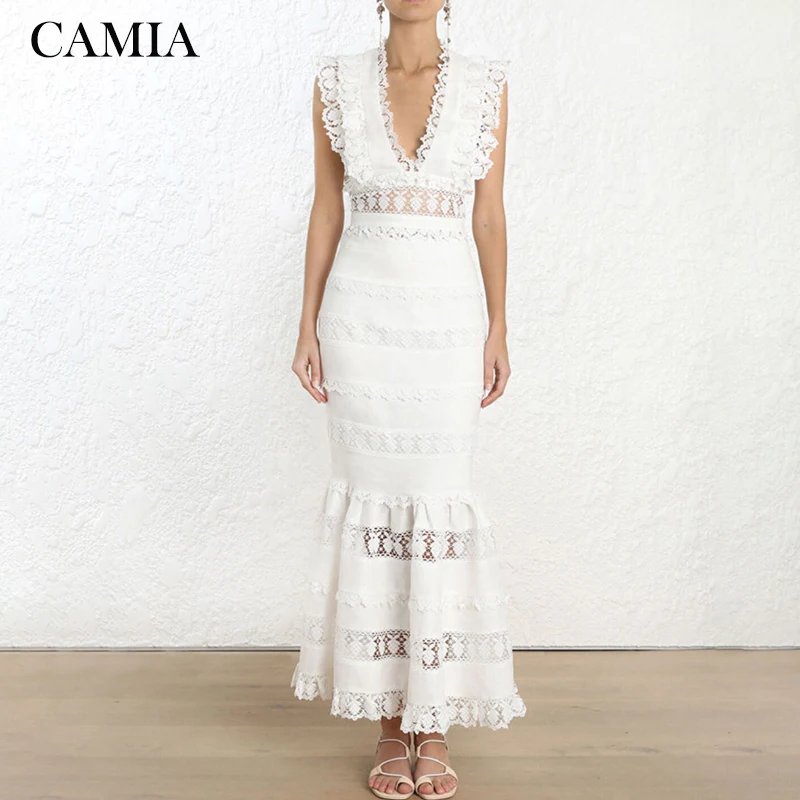 

CAMIA elegant white lace ruffled top skirt two-piece ladies summer suit sexy V-neck sleeveless shirt high waist long skirt suit
