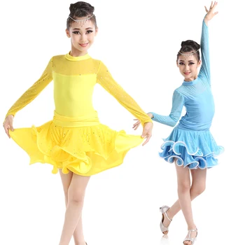 

Free Shipping Children's Rhinstone Ballroom Stage Clothing Girls Latin Dance Skirts Long-Sleeved Dress Perfoming Dance