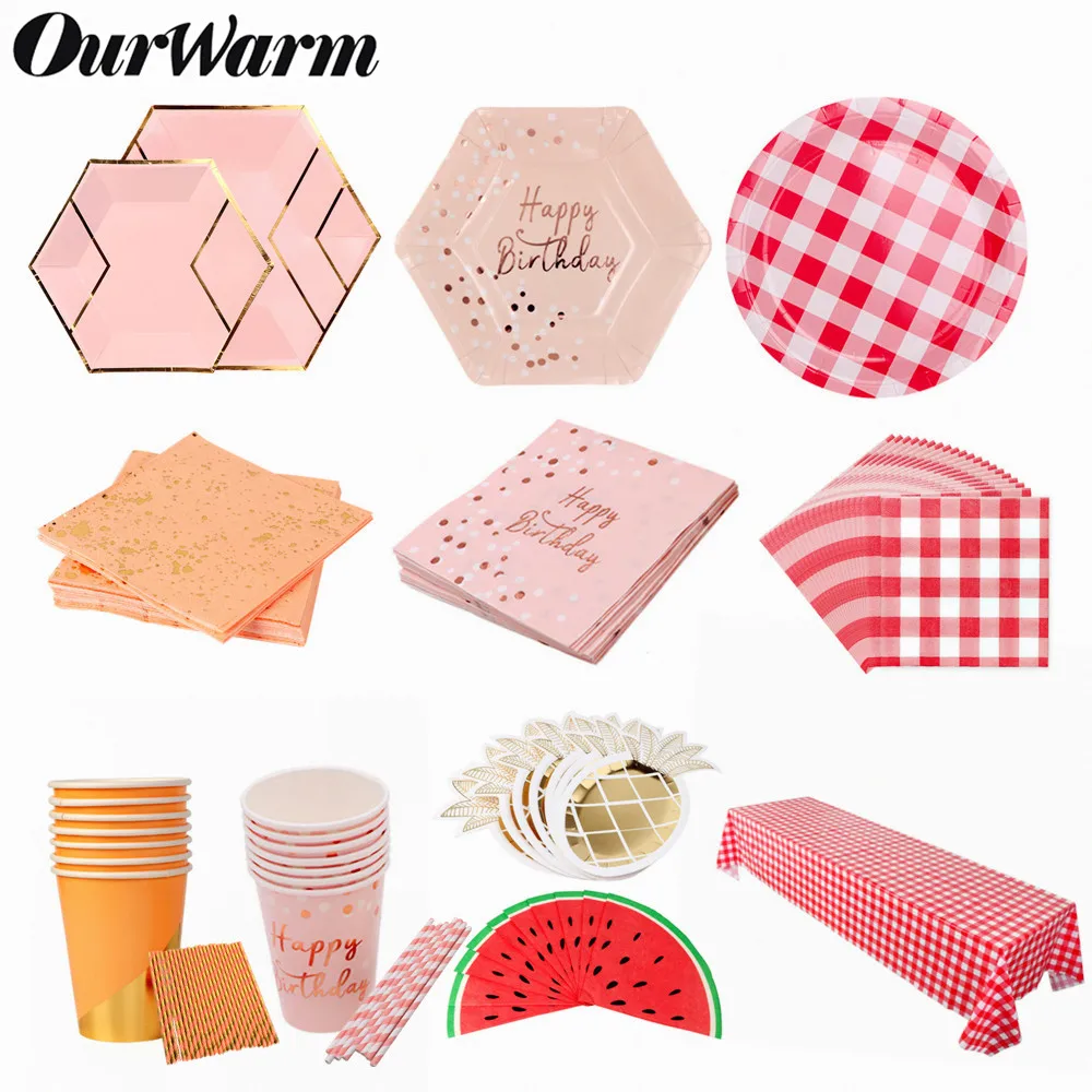 

Ourwarm Gold Foil Pink Disposable Tableware Paper Plates Cups Napkin Baby Shower Birthday Wedding Banquet Party Table Decoration