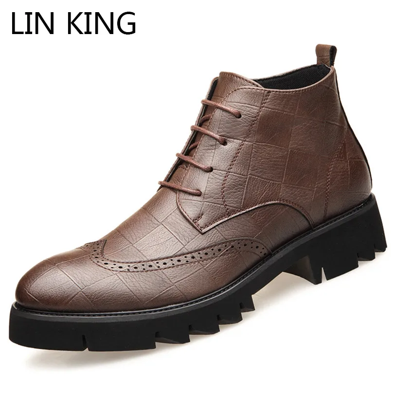 

LIN KING Punk Pu Leather Spring Autumn Men Boots Waterproof Ankle Boots Lace Up Martin Boots Outdoor Working Boots Short Shoes