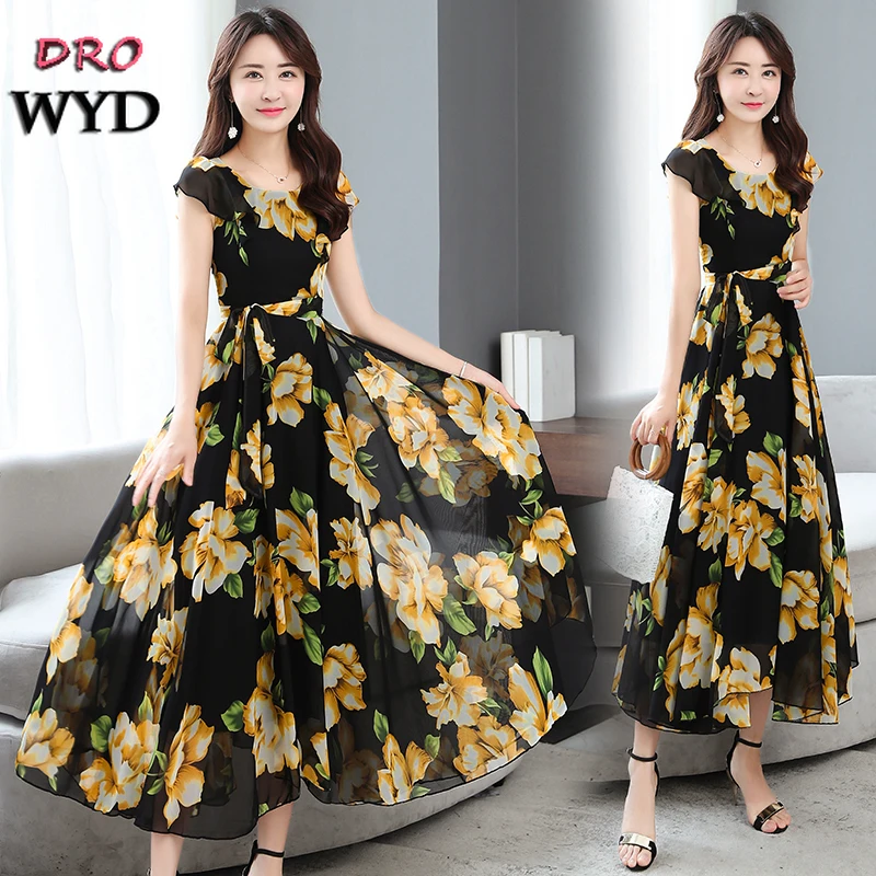 

Hot Sale Women Chiffon Print Maxi Dress Plus Size Casual Floral Draped O-neck Big Swing Beach Boho Banquet Party Dresses Vestido