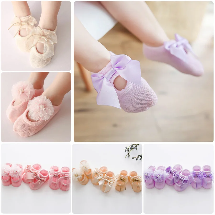 Image 1Lot=3Pairs Girls Socks Cotton in Princess Baby Socks Shoes Holes Grls Socks with Bows Flower Lace Socks Girls Cute Socks Gifts