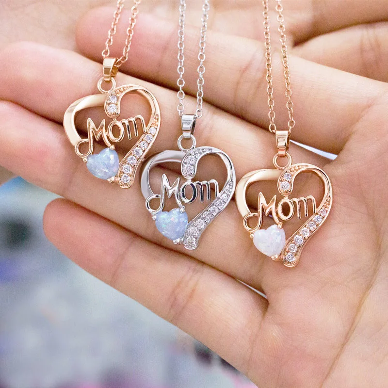 

Charms MOM heart Mother's Day Zircon Silver Women Necklace Jewelry Lady Stone fashion Cute Pendant Necklace Jewelry
