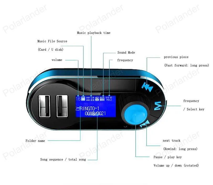 Bluetooth MP3 playerhandsfree автомобильный комплект AUX без использования рук, FM передатчик с двумя USB портами, MP3 SD ЖК-дисплей автомобиля Зарядное устройство прикуриватель