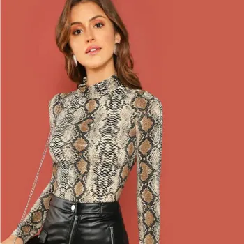 

Spring Mock-Neck Snake Skin Print Fitted Tee Long Sleeve Slim Stand Collar T Shirt Women Autumn Fashion Ladies Tops