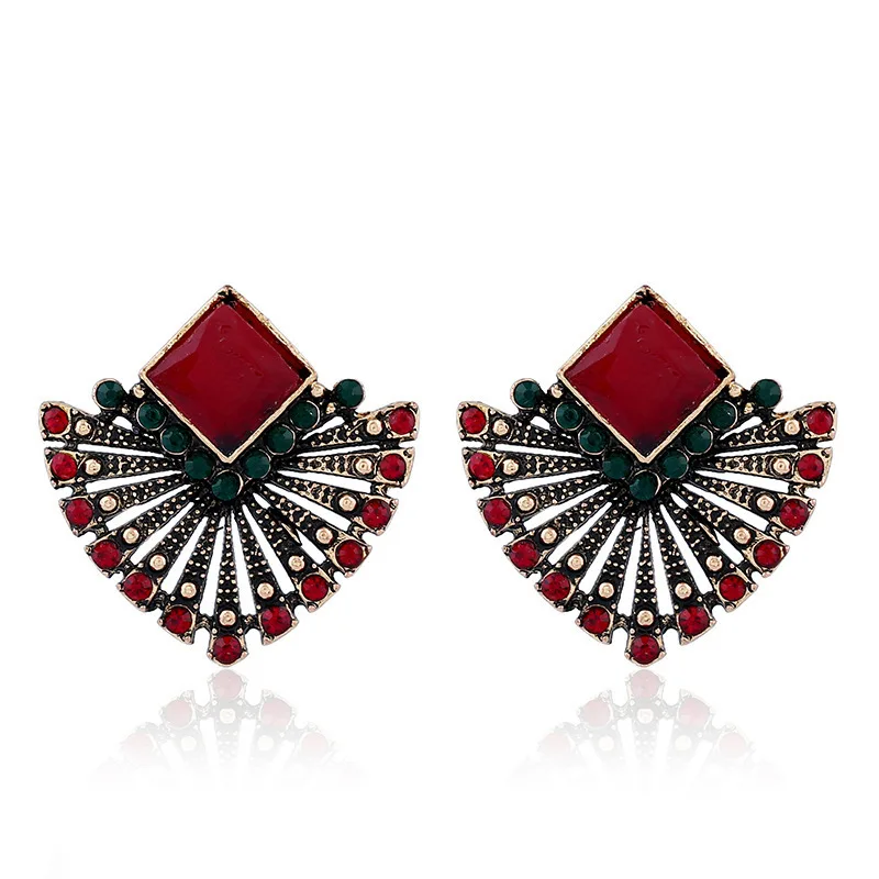 Vintage Bohemian Ethnic Style Red Crystal Luxury Fan-shaped Rhinestone Earrings