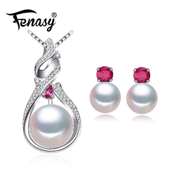 

FENASY 925 Sterling Silver Jewelry Sets Natural Freshwater Pearl Earrings For Women Bohemian Ruby Pendant Necklace Stud Earrings