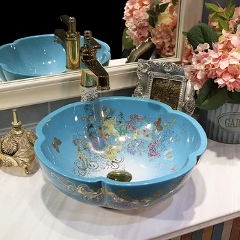 

Luxury bathroom vanities chinese Art Counter Top ceramic hand wash basin cabinet bathroom sinks flower shape