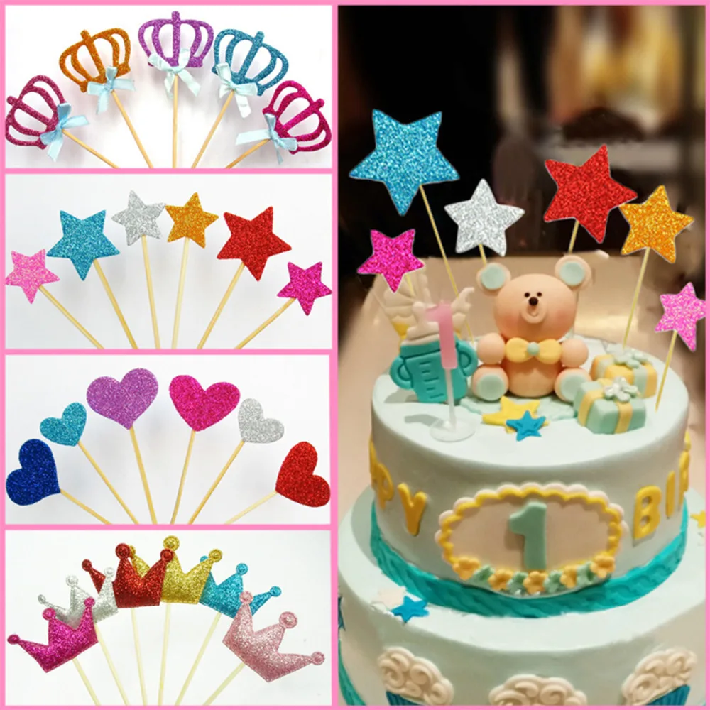1 Set (6 Pcs) Multicolor Crown Heart Star Theme Flag Cupcake Cake