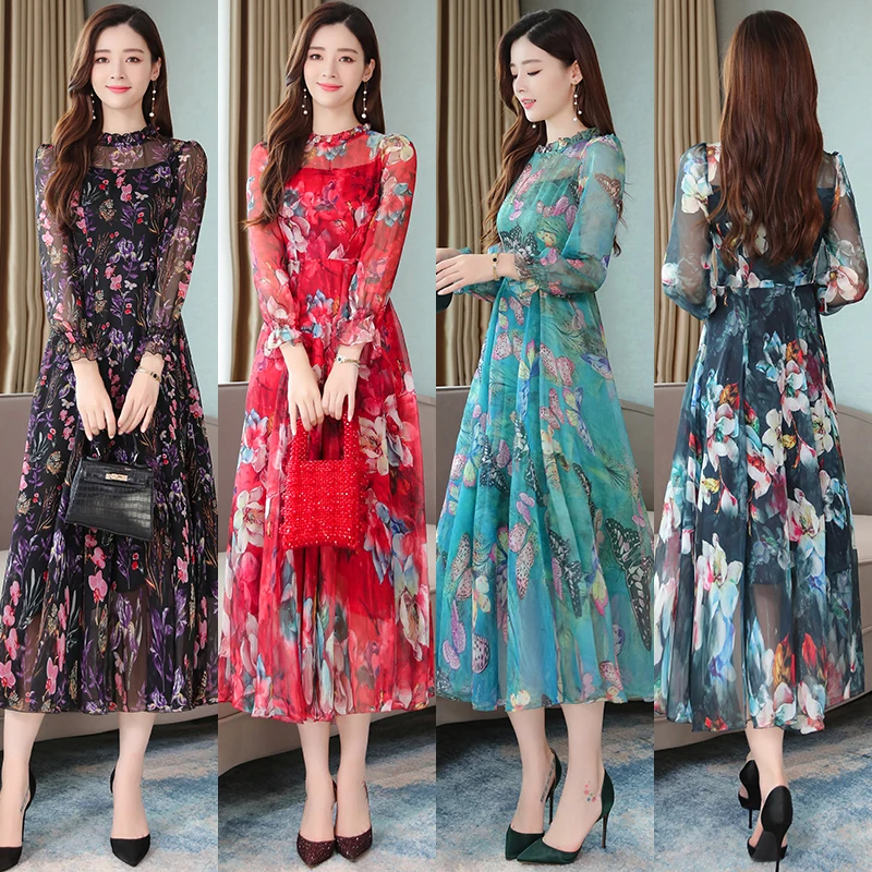 

Retro Boho Blue Chiffon Party Dress Women Korea Autumn Winter Sexy Floral Print Pleated Big Swing Dresses Female Vestidos mujer