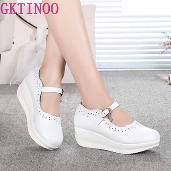 

2020 Spring Real Leather Shoes High Heels Round Shallow Mouth Women Shoes Wedge Leisure White Nurse Mom Shoes Shoes Size 33-43