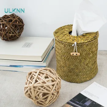 

Janpan Style Seaweed Weave Circular Paper Towel Box Natural Handmade Tissue Box Seaweed Woven Baskets Desktop Storage Box