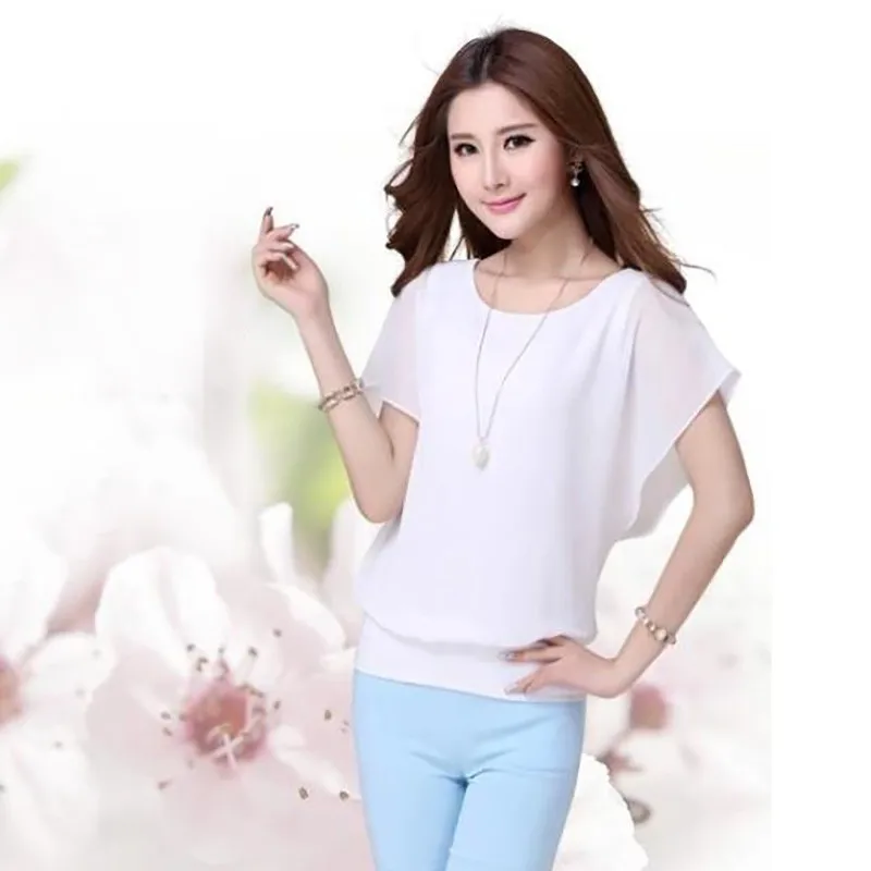 

Womens Summer Chiffon Blouse Plus Size O-neck Ruffle Batwing Short Sleeve Tops