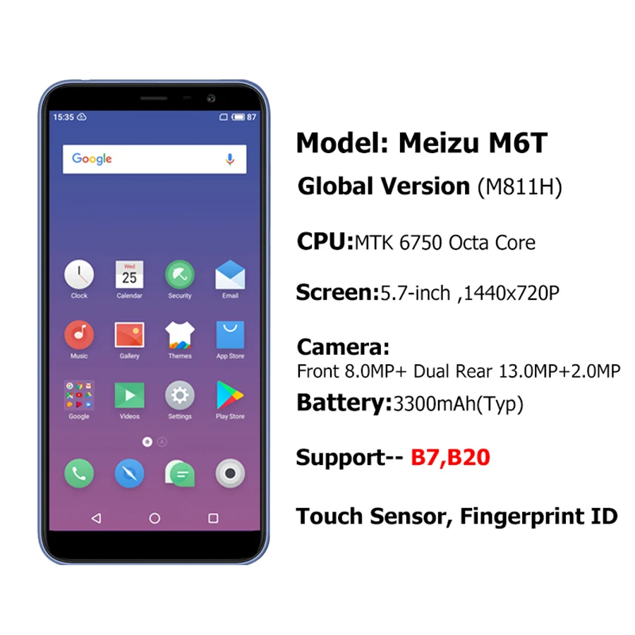 Мобильный телефон Meizu M6T с глобальной версией, 3 ГБ, 32 ГБ, MTK6750, четыре ядра, 5,7 дюймов, 18:9, полный дисплей, 3300 мА/ч, аккумулятор, отпечаток пальца, мобильный телефон