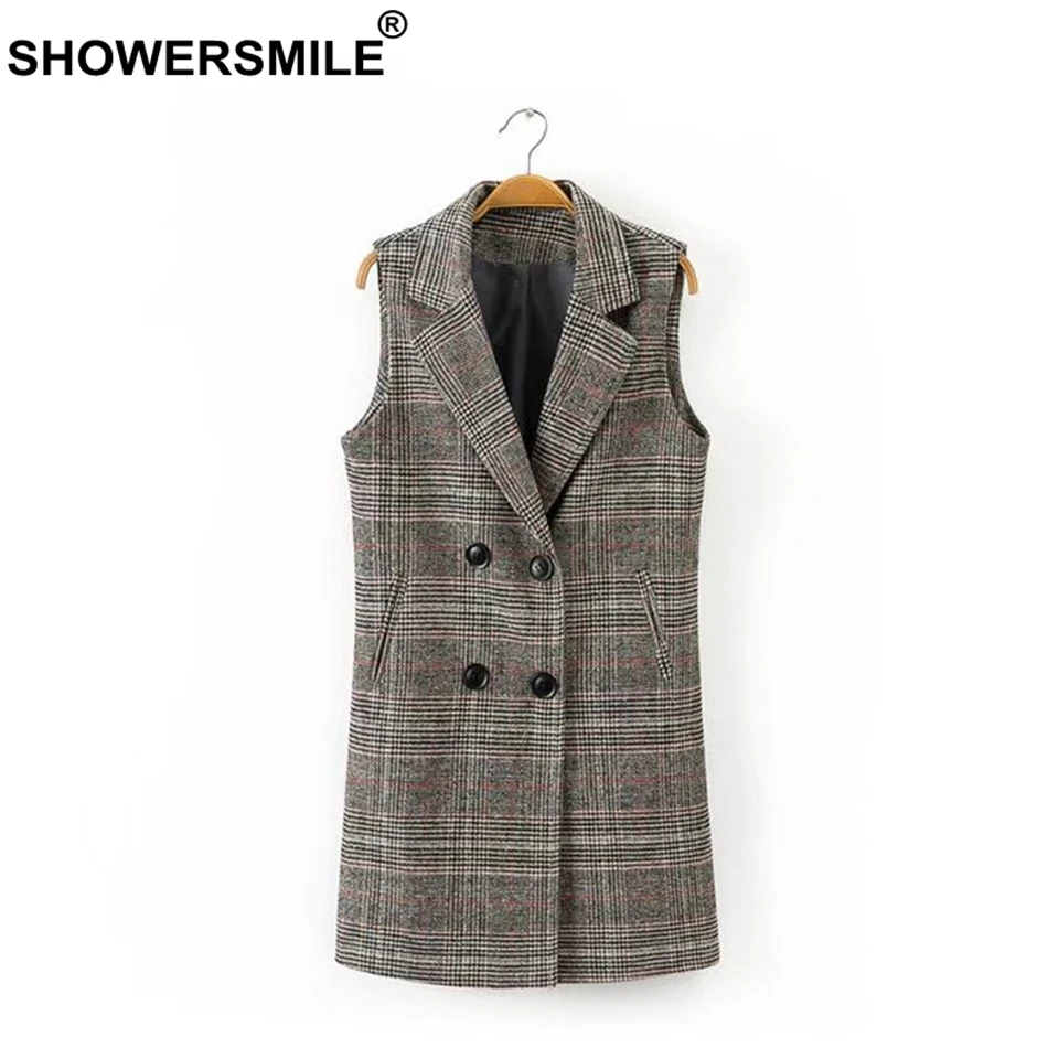 RAINIE SEAN Check Plaid Coat Women Double Breasted Long Vests Waistcoat Female Spring Tartan England Style Sleeveless Jackets