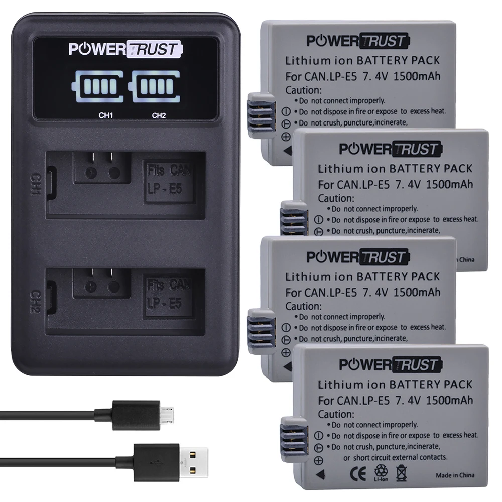4Pcs LP E5 LPE5 LP E5 Digital Li ion Battery + LED USB Dual Charger for