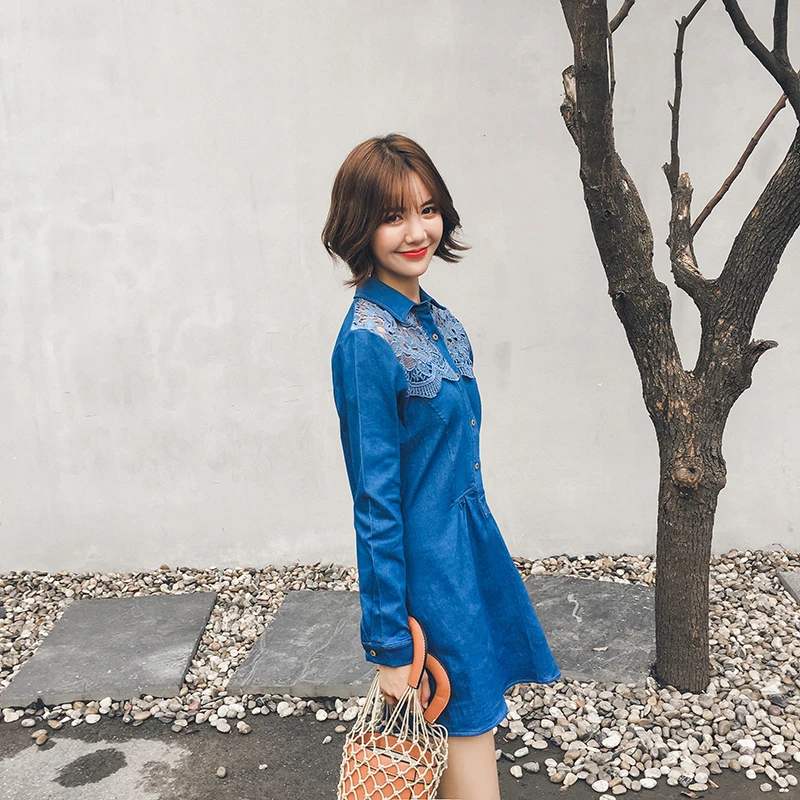 2018 Korean Fashion Autumn Denim Dress Women Hollow Out Crochet Patchwork Lace Dresses Loose Plus Size Dress Mini Vestidos Jeans
