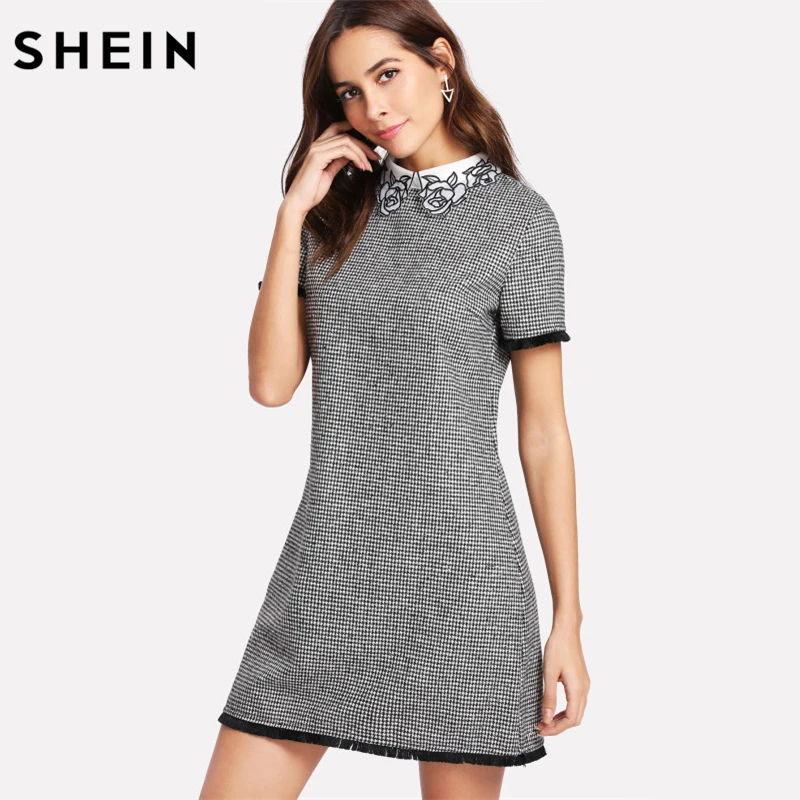 SHEIN Модное Платье С Кружевной Вставкой Офисное В Клетку Коротким Рукавом|work dresses