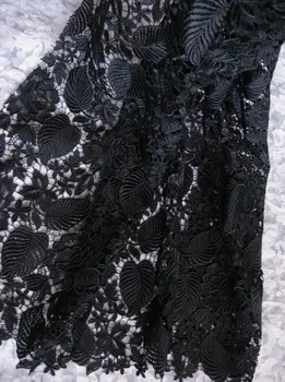 

Black Crocheted Lace Gown Fabric Antique Lace Fabric with Retro Roses Leaves Floral 5yards