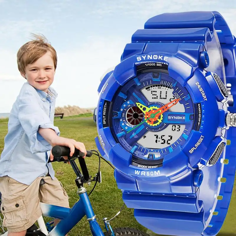 SYNOKE Multi-function 50 м водостойкие часы светодиодный цифровой двойного действия часы Открытый Спорт Дети часы Мода Мальчик девушка часы