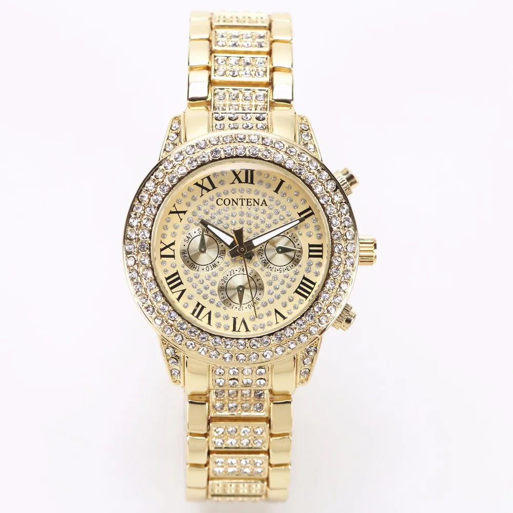 Золотые часы женские роскошные брендовые новые Geneva женские кварцевые часы подарки для девушек полностью нержавеющая сталь Стразы Наручные часы
