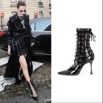 

Lace-up Sandals Boots Women High Heels Pointed Toe Ankle Boot 2019 Spring New Genuine Leather Thin Heels Sexy Cross-tied Shoes
