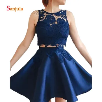 

Two Pieces Navy Blue Homecoming Dresses Short Skirt Appliques Cute Girls Gradaution Gowns vestido formatura curto D1005