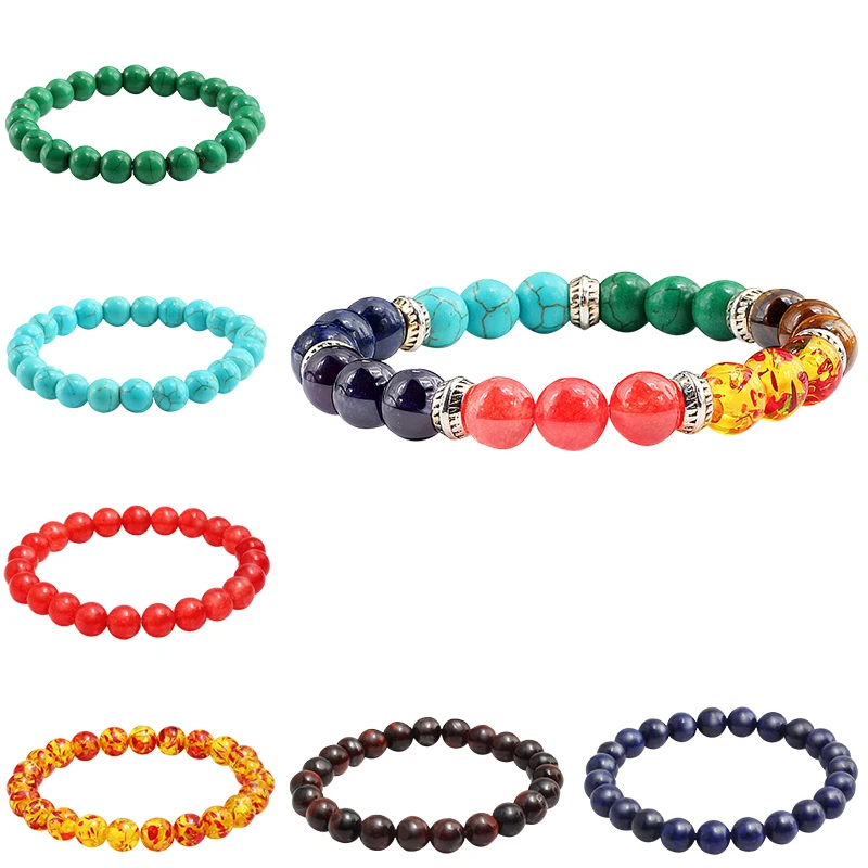 

8Style Gem Stone/Red Tiger Stone/Green Gold/Turquoises/Imitation Ambers Stone Beaded Bracelets For Women Men Bangle Bead Jewelry