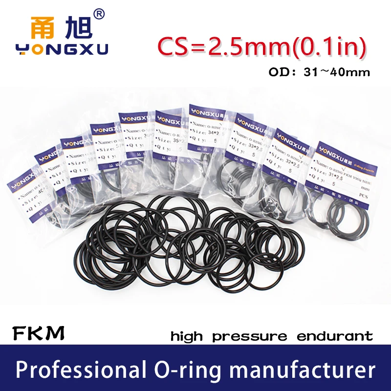 

10PCS/lot Fluorine rubber Ring Black FKM Orings Seals OD 31/32/33/34/35/36/37/38/39/40*2.5 ORing Seal Gaskets Oil Sealing Washer