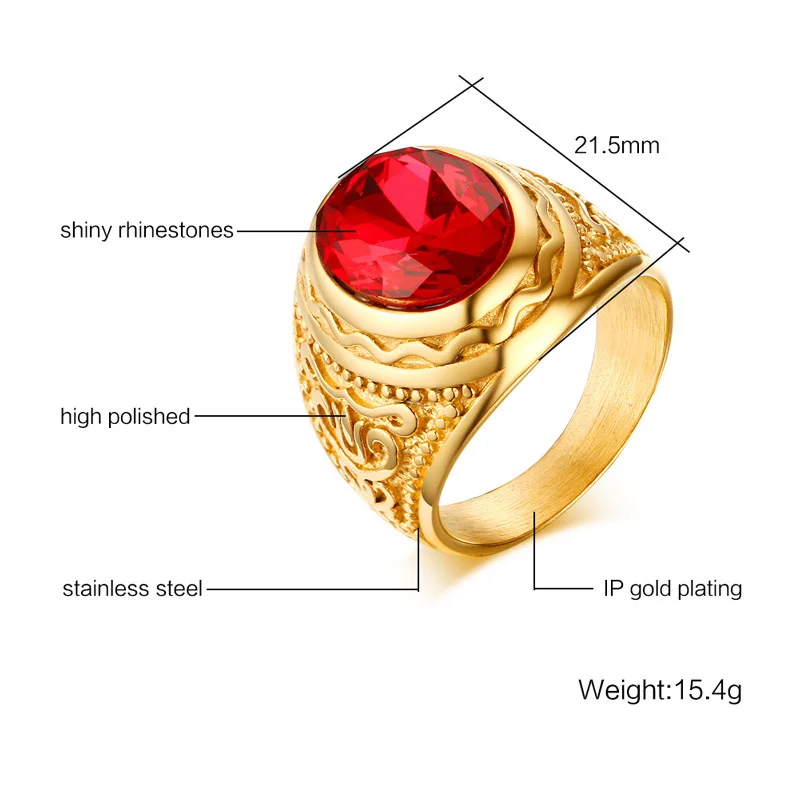 Elegant Round Bishop Mens Rings In Floral Design With Red Stone Ring for Men Stainless Steel Gold Tone Retro Jewelry Accessories