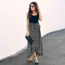 Летний Асимметричная юбка с принтом в горошек цельный Богемный длинная юбка с запахом сбоку Разделение Раффлед пляж Lace-Up Юбка