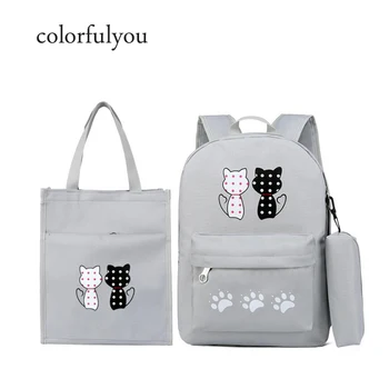 

Women Backpack Cat Printing Canvas School Bags Set For Teenager Girls Preppy Style Rucksack Cute Waterproof Children Book Bag