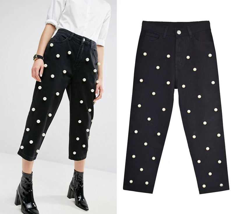 European and American women's high waist straight tube loose-fitting wide-leg jeans denim cuffed trousers studded with large pearl women's eighties (3)