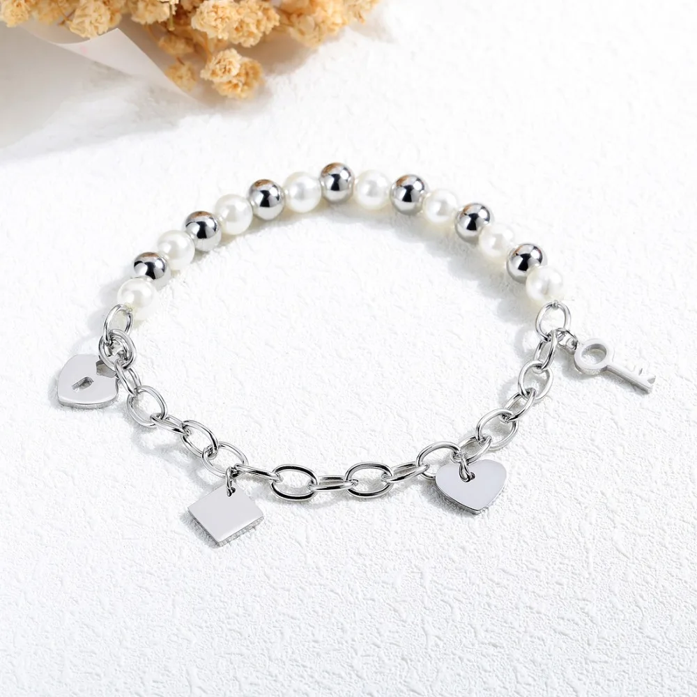 FATE LOVE Fashion Jewelry Cute Luxury Stainless Steel Women Simulated-Pearl Bead Chain Heart Charm Bracelet & Bangles