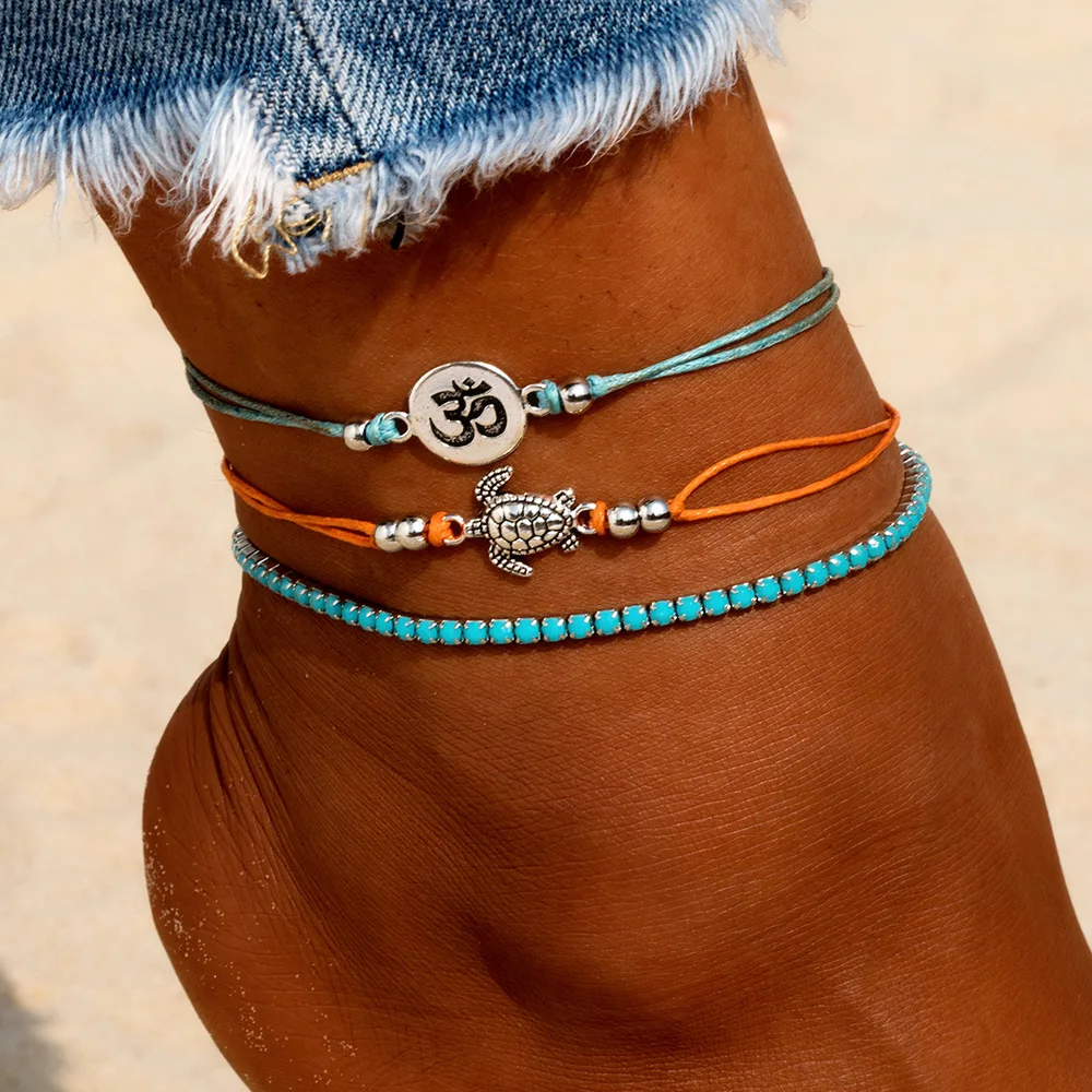 

Vintage OM Rune Weave Anklets For Women 2019 Turtle Shaped Charm Anklet Set Summer Rope Ankle Bracelet on Leg Beach Foot Jewelry