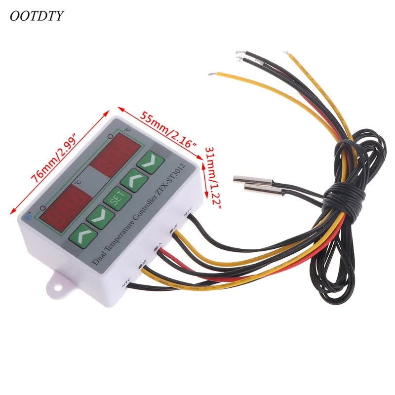 OOTDTY 220 В, 12 В, 24 В постоянного тока, цифровой двойной регулятор температуры Термостат для инкубатора двойной зонд