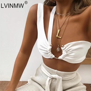 

LVINMW Sexy One Shoulder Sptapless White Crop Tops 2019 Summer Women Metal Decorative Tube Tops Simgle Bustier Camis